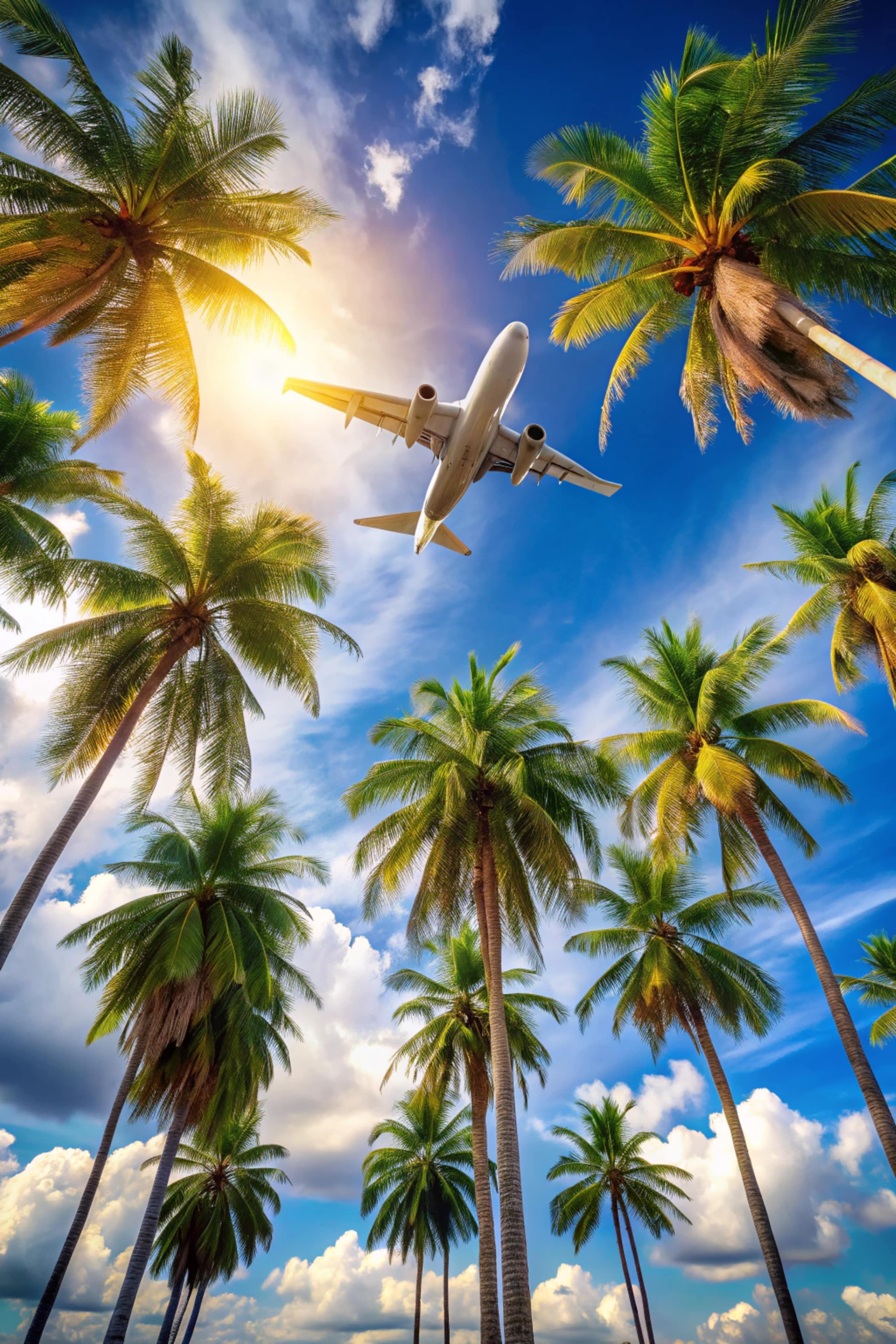 Airplane flying over palm trees