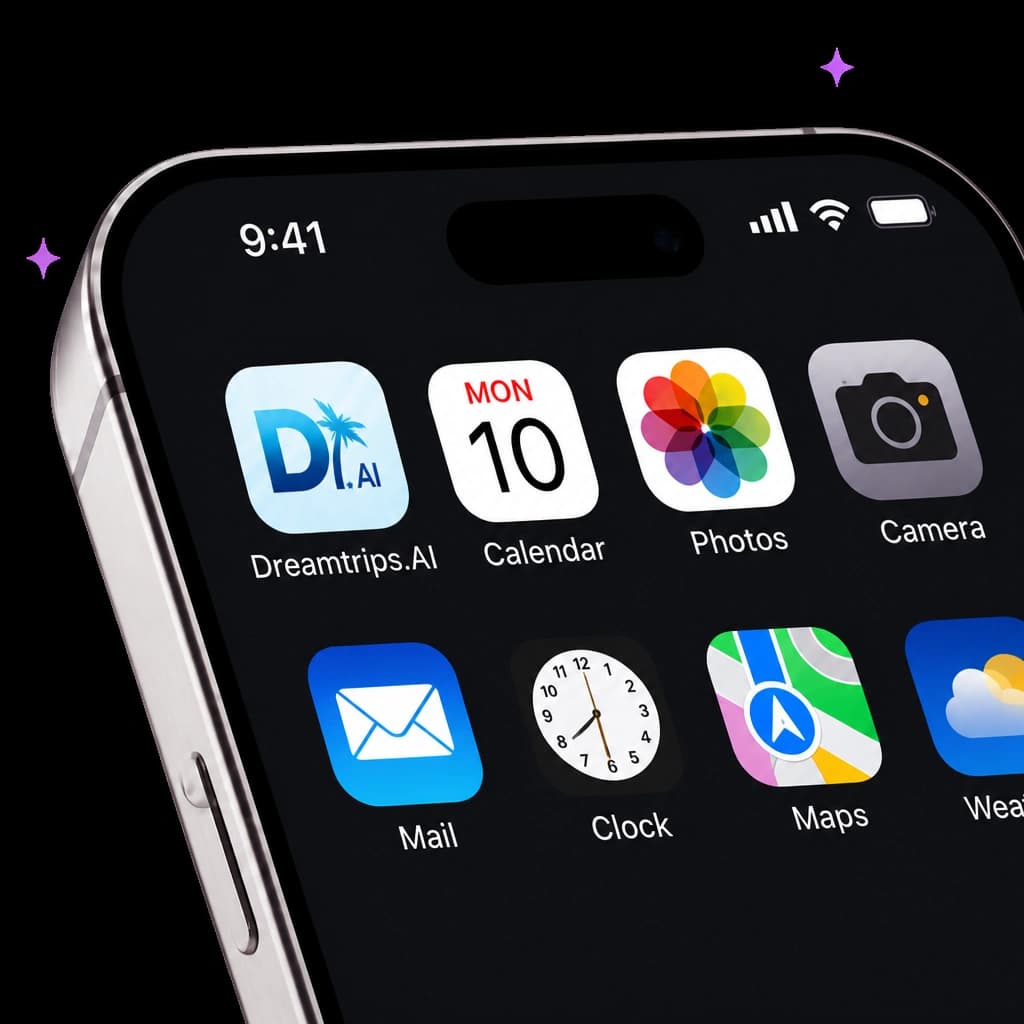 DreamTrips.AI app icon on a phone