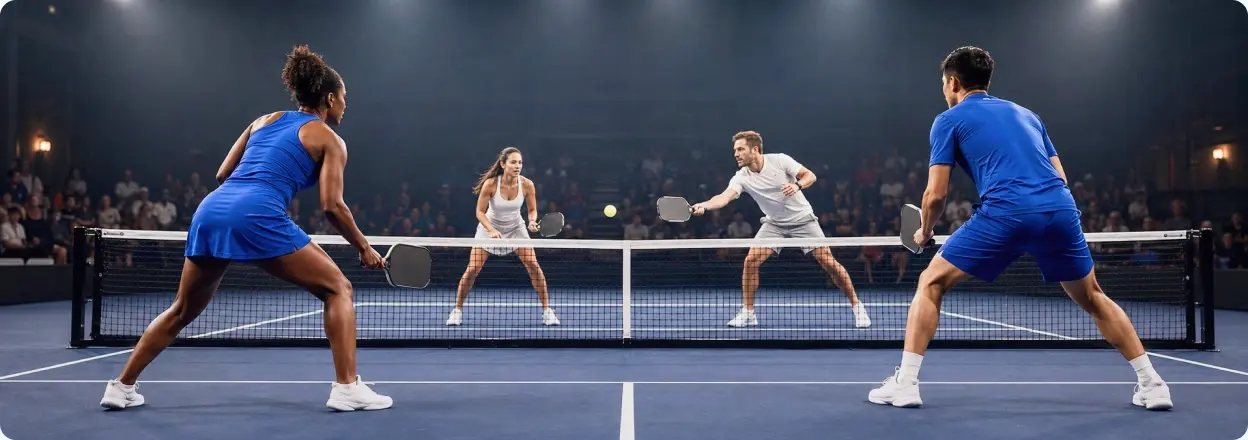 Two teams playing a pickleball doubles match